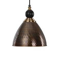 an antique style pendant light with a black and gold finish on the top, hanging from a