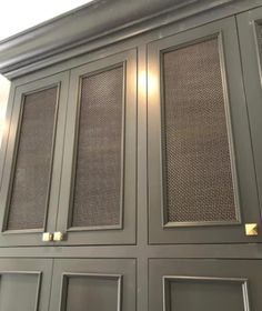 a gray cabinet with metal mesh doors and knobs