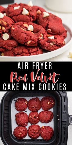 an air fryer filled with red velvet cake mix cookies