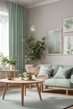 a living room filled with furniture and plants on top of a wooden table in front of a window