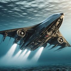 a futuristic ship floating in the ocean on top of it's back legs and landing gear