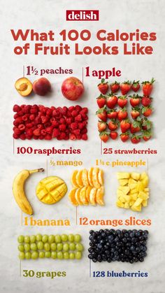 You’ll be surprised to know what 100 calories of fresh fruit looks like. Here we gathered a whole list for you, including the sugars in 1 medium apple, 1 medium banana,12 slices of oranges, 30 grapes, and more. Get the full story at Delish.com. #delish #fruit #serving #size #calories #healthy #fitness #servingsize #fresh #fruits #banana #peaches #apple #strawberries Different Breakfast Ideas Healthy, Calories Of Fruit, Healthy Simple Snacks, Low Calorie Dinner Ideas, Nutrient Food, Healthy Vegetarian Meals, Volume Eating, Calorie Snacks, 100 Calorie Snacks