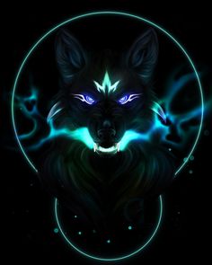 a wolf with blue eyes and glowing teeth in a circle on a black background,