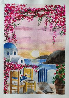 watercolor painting of an outdoor dining area overlooking the ocean with flowers in blooming trees