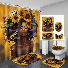 a bathroom with sunflowers on the shower curtain, rug and toilet seat covers