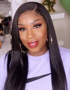 Side Part Yaki Straight Glueless Human Hair Lace Front Wig - YAKI026 Long Bob Haircuts Side Part, Haircuts Side Part, Black And Blonde Ombre, My First Wig, Yaki Hair, Long Bob Haircuts, Clip In Ponytail, Afro Wigs, Long Curls