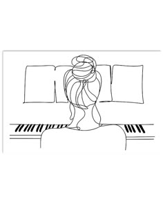 a line drawing of a woman sitting on a couch with her head resting on the pillow