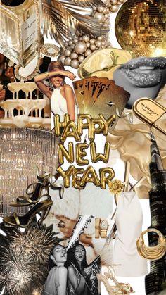 a collage of new year's decorations, hats, and other items in black and gold