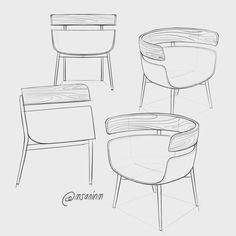 three different types of chairs and tables on a white background with the words design written below them