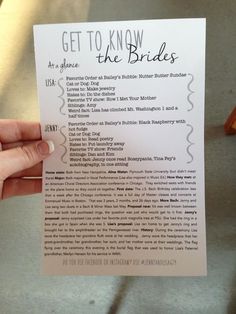 a person holding up a white paper with the words get to know the brides