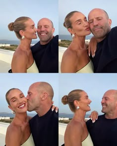 a man and woman kissing each other on the beach with their heads close to one another