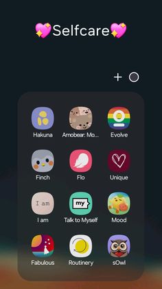 an iphone screen with the text self care and icons on it, in front of a black background