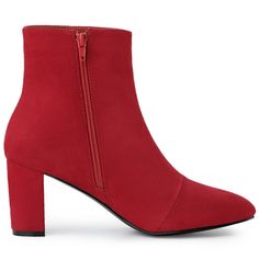 Make a statement with these gorgeous ankle boots. With a block heel and a half-pointed toe, they will have you walking out of the house with confidence and style. Wear them with black trousers and a blouse for a striking effect at work. The boots are also well paired with trousers, jeans, and dresses. Red Pointed Toe Heeled Boots For Work, Red Pointed Toe Boots For Work, Red Block Heel Boots For Spring, Trendy Red Heeled Boots With Block Heel, Trendy Red Block Heel Boots, Red Ankle Boots For Work, Red Ankle Boots For Workwear, Red High Heeled Boots For Work, Red High Heel Boots For Work