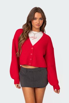 PRODUCT INFO Cardigan Puff sleeves Front button closure Chunky knit fabric Acrilan Model wears size S Model height is 5'8 Item care: Hand wash Big Sleeves, Style Rock, Classic Cardigan, Chunky Cardigan, Chunky Knit Cardigan, Red Cardigan, Knit Crop, Cropped Cardigan, Long Cardigan