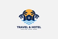 travel and hotel logo design with palm trees on the beach, sun rising behind it