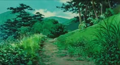 a painting of a dirt path in the middle of a forest with green grass and trees