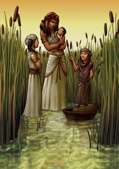 three people standing in the water with one holding a baby and another looking at something