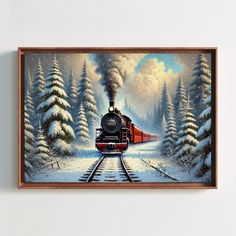 a painting of a train traveling through the snow