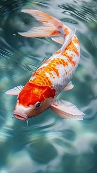 an orange and white fish swimming in the water