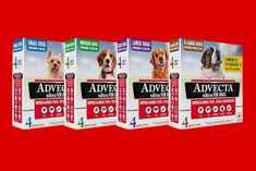 four boxes of advee dog food on a red background with an image of three dogs