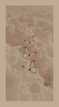 three butterflies flying in the sky above some clouds