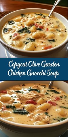 This creamy and comforting soup replicates Olive Garden's beloved Chicken Gnocchi Soup. It features tender chicken, soft gnocchi, and fresh spinach in a rich, flavorful broth, making it a perfect dish for any occasion. Chicken Gorgonzola Soup, Better Than Olive Garden Gnocchi Soup, Gnocchi And Spinach Soup, Tuscan Chicken Gnocchi Soup, Olive Garden Chicken Gnocchi Crockpot, Chicken Nochi Soup Olive Garden Crockpot, Whole 30 Chicken Gnocchi Soup, Gnocchi Soup With Ground Beef, How To Use Gnocchi