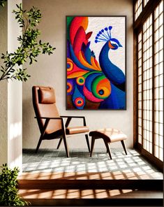 a room with two chairs and a large painting on the wall above it that has an abstract peacock design