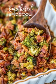 broccoli and bacon casserole in a white dish with a wooden spoon