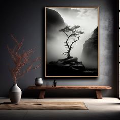 a black and white photo with a lone tree in the foreground on a wall