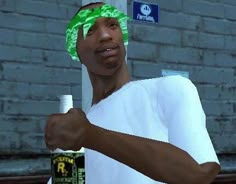 a man with a green bandana on his head holding a spray bottle and looking at the camera