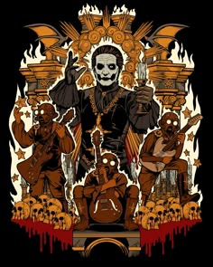 an image of a skeleton with guitars and skulls on it's chest, surrounded by flames