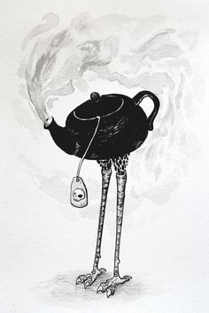 a black and white drawing of a cartoon character holding a teapot with steam coming out of it