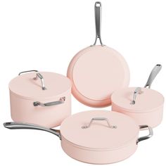 four pink pots and pans with silver handles