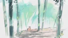 a rabbit is sitting in the middle of a forest with tall bamboo trees and grass