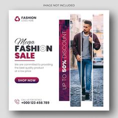 a fashion sale flyer template with a man walking down the street in front of him