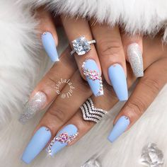 Nails Shape Ballerina, Spring Short Nails, Nails Baby Blue, Baby Blue Acrylic Nails, Short Nails Summer, Summer Nails 2022, Ballerina Acrylic Nails, Ballerina Nails Designs, Nailart Glitter