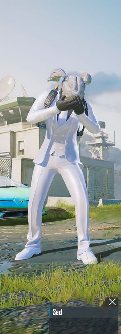 an animated man in white suit holding a baseball bat