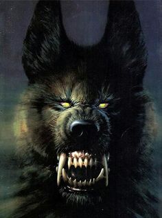 a painting of a wolf with its mouth open