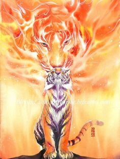 a painting of a tiger sitting on top of a rock with flames in the background