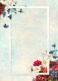 an artistic painting with flowers and a white square frame on the left hand side, in front of a blue background