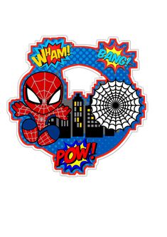 a spiderman sticker with the word pow on it's face and cityscape in the background