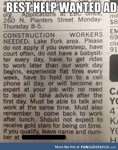 a newspaper article with the caption best help wanted ad for construction workers 8 - 6