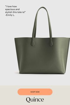 A workhorse carryall, but make it very fashionable. The Italian leather exterior makes this tote timelessly chic, while the durable and easy to clean lining ensures it's built to last. And with a center zipper divider roomy enough for a 13-inch laptop and three slip pockets, it truly can carry it all.  | Quince | Women's Italian Leather Triple Compartment Shopper Tote in Olive Green Tote Shoulder Bag For Work, Green Double Handle Bags For Work, Green Double Handle Bag For Work, Classic Green Shoulder Bag For Work, Classic Green Bags For Work, Solid Color Tote Bag For Work, Green Double Handle Work Bags, Green Satchel For Work, Green Workwear Bag With Leather Handles