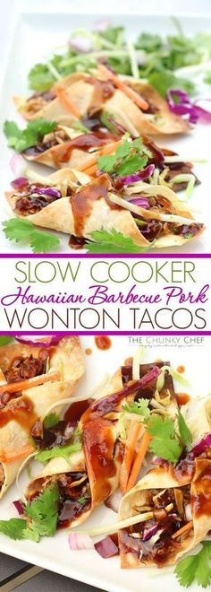 two plates with food on them and the words slow cooker wonton tacos