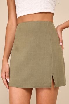 A perfect day calls for a flawless 'fit and the Lulus Effortless Outlook Olive Green Linen Mini Skirt is here to answer! Stay on-trend in this woven, linen-blend skirt that has a high-waisted fit with seaming for a tailored effect. The figure-skimming silhouette falls to a notched mini hem for a flirty finish. Hidden side zipper/clasp. Fit: This garment fits true to size. Length: Mid-thigh. Size medium measures 16" from waist to hem. Waist: Fitted - very fitted at natural waist. Hip: Loosely Fit Linen Lined Skirt For Vacation, Chic Mini Pencil Skirt For Summer, Summer Chic Mini Pencil Skirt, High Waist Relaxed Pencil Skirt For Summer, Linen Skirt For Vacation, Casual Summer Skort With Pencil Skirt Shape, Casual Short Summer Pencil Skirt, Casual Short Pencil Skirt For Summer, Casual Short Length Pencil Skirt For Summer