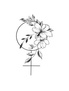 a black and white drawing of flowers in a circle with a cross on the side