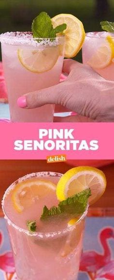 the pink lemonade cocktail is being served in two glasses