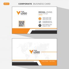 two business cards with orange and black accents