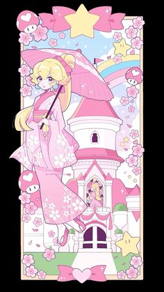 a drawing of a girl with an umbrella in front of a pink castle and stars