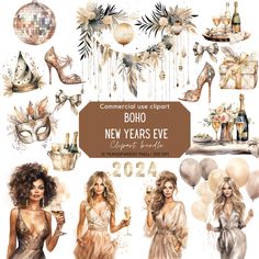 the new year's eve clipart features champagne and high heeled shoes for women